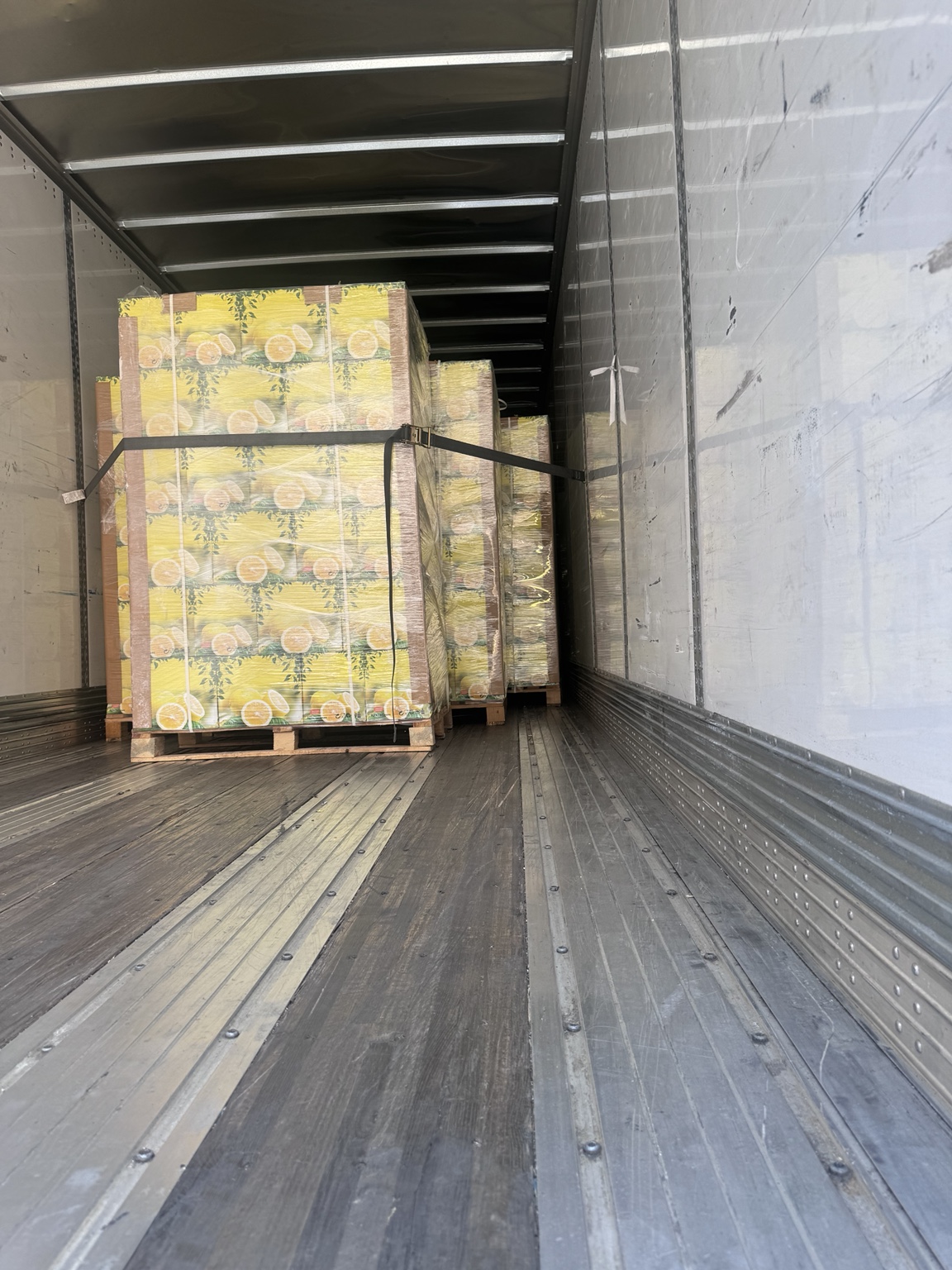 Palletized citrus freight loaded in dry van trailer