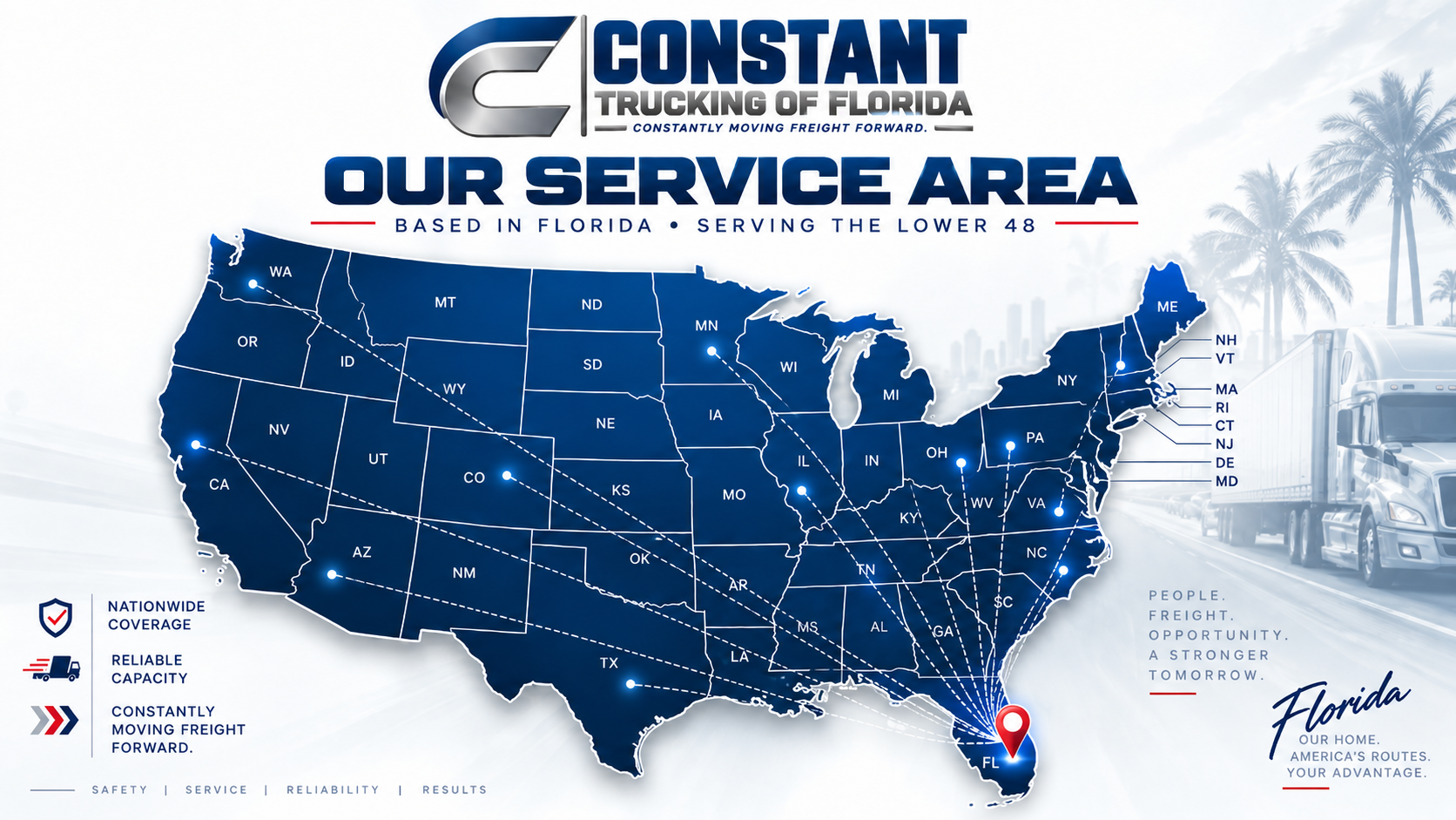 Map of the United States showing Constant Trucking of Florida's nationwide service area